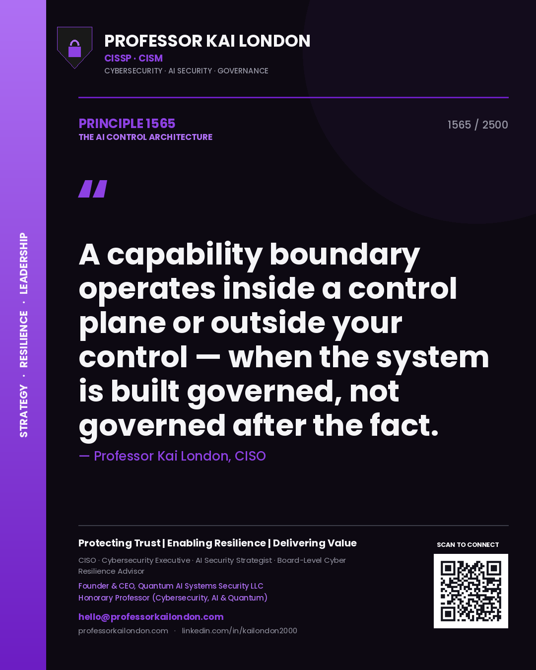 Quote card by Professor Kai London reading 'A capability boundary operates inside a control plane or outside your control — when the system is built governed, not governed after the fact.'. From the book The AI Control Architecture.
