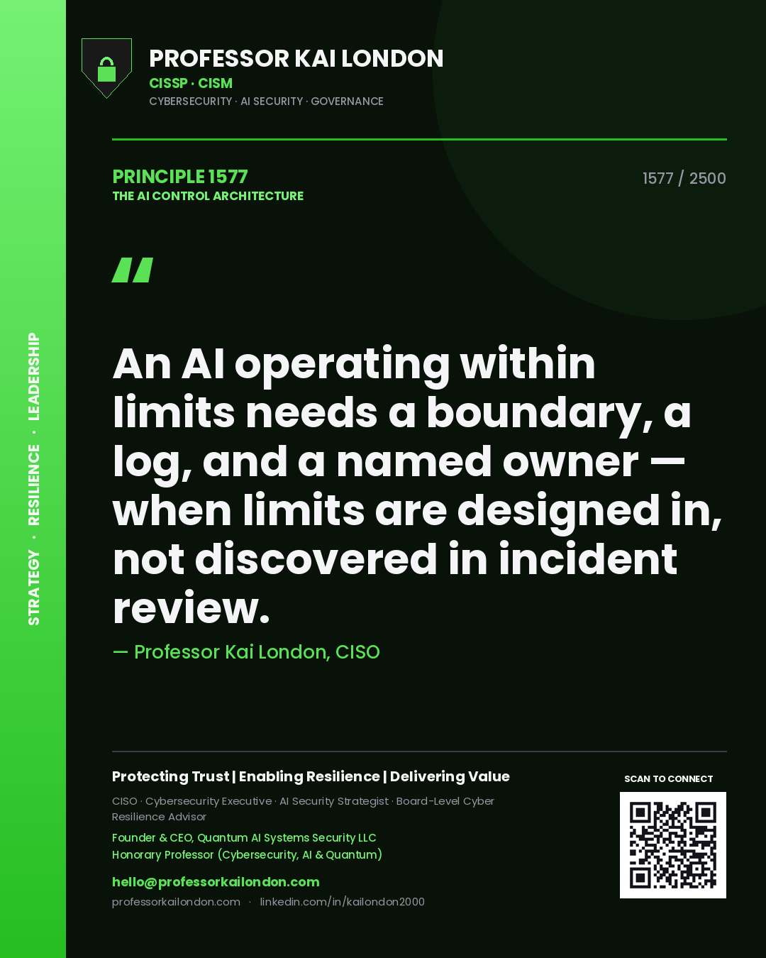 Professor Kai London principle 1577: An AI operating within limits needs a boundary, a log, and a named owner — when limits are designed in, not discovered in incident review.
