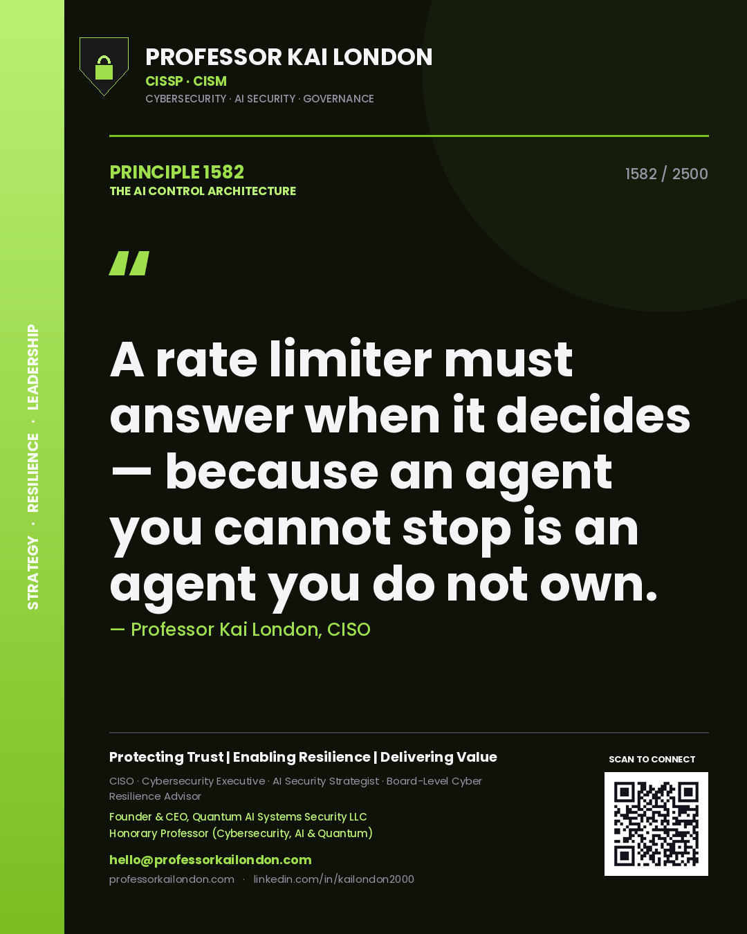 Professor Kai London principle 1582: A rate limiter must answer when it decides — because an agent you cannot stop is an agent you do not own.