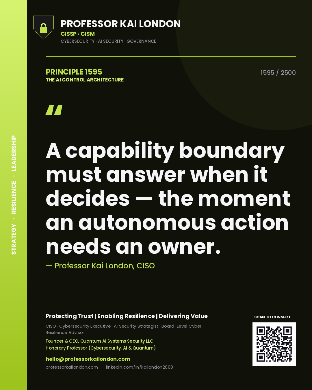 Quote card by Professor Kai London reading 'A capability boundary must answer when it decides — the moment an autonomous action needs an owner.'. From the book The AI Control Architecture.