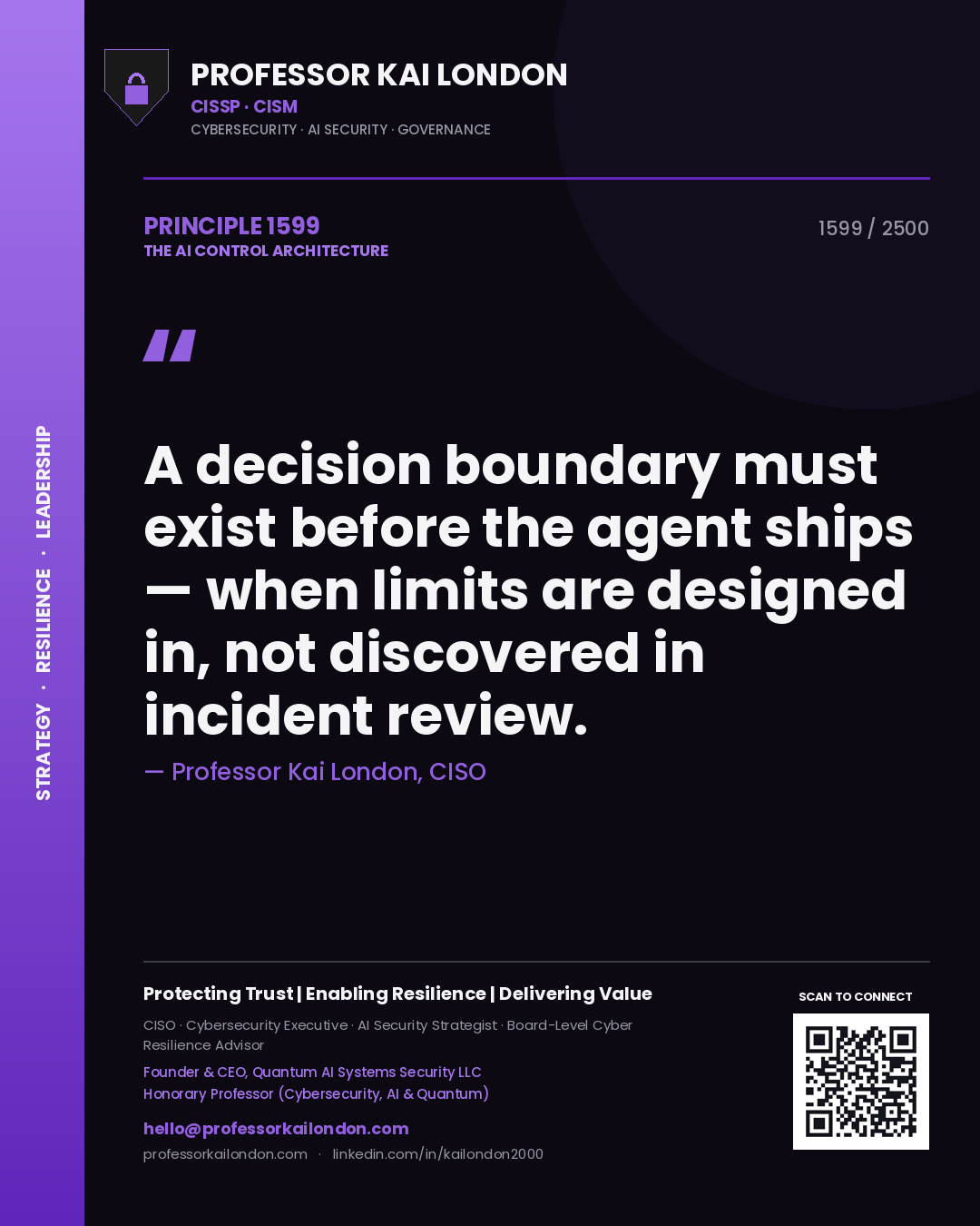 Quote card by Professor Kai London reading 'A decision boundary must exist before the agent ships — when limits are designed in, not discovered in incident review.'. From the book The AI Control Architecture.