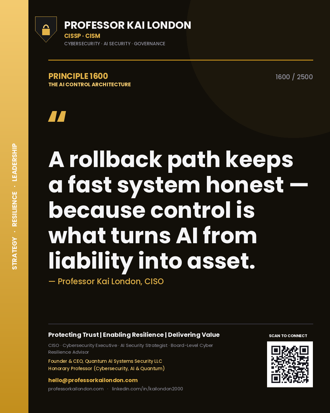 Quote card by Professor Kai London reading 'A rollback path keeps a fast system honest — because control is what turns AI from liability into asset.'. From the book The AI Control Architecture.