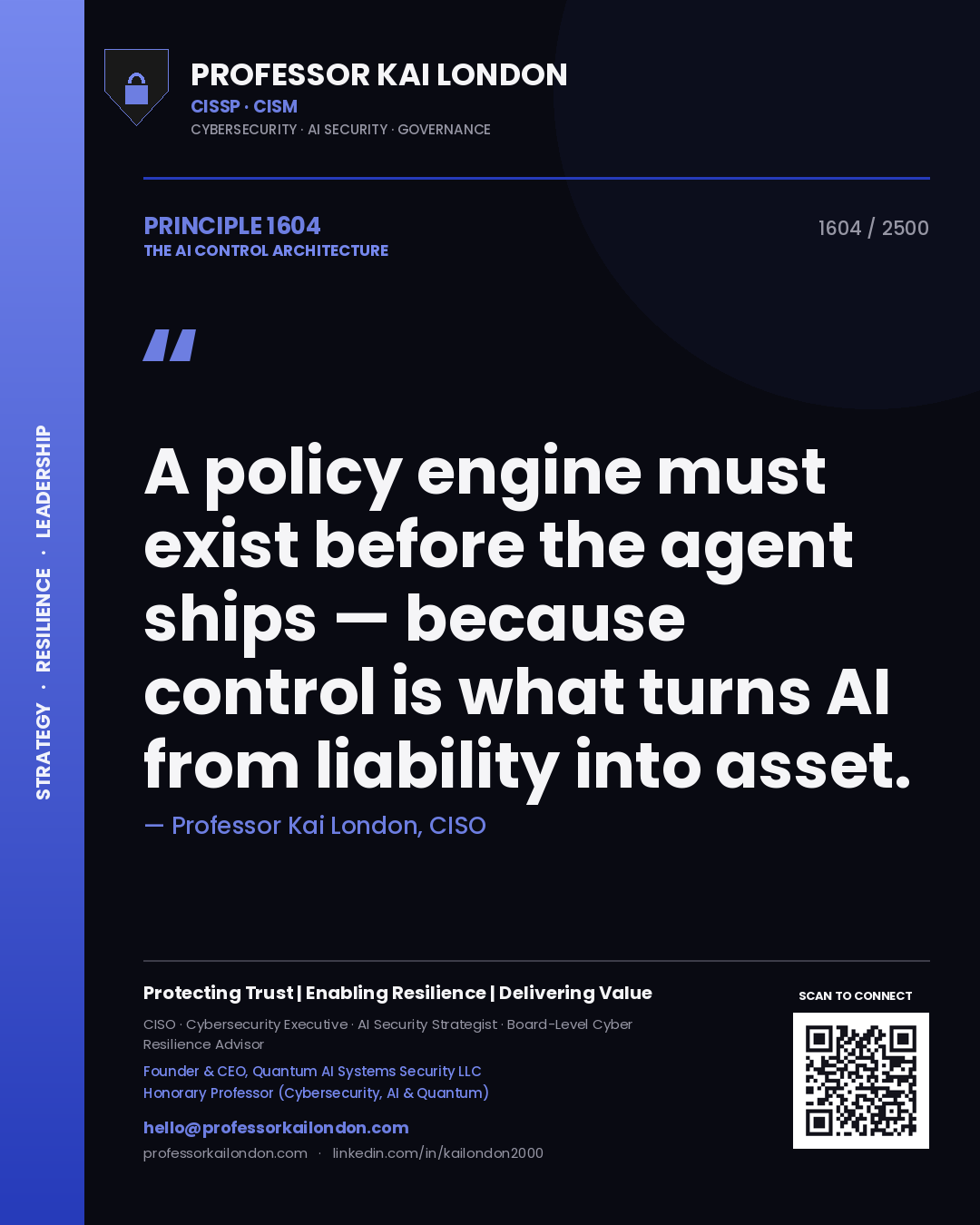 Quote card by Professor Kai London reading 'A policy engine must exist before the agent ships — because control is what turns AI from liability into asset.'. From the book The AI Control Architecture.