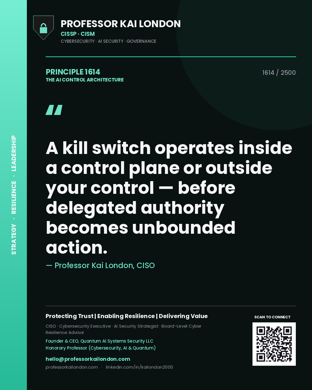 Professor Kai London principle 1614: A kill switch operates inside a control plane or outside your control — before delegated authority becomes unbounded action.
