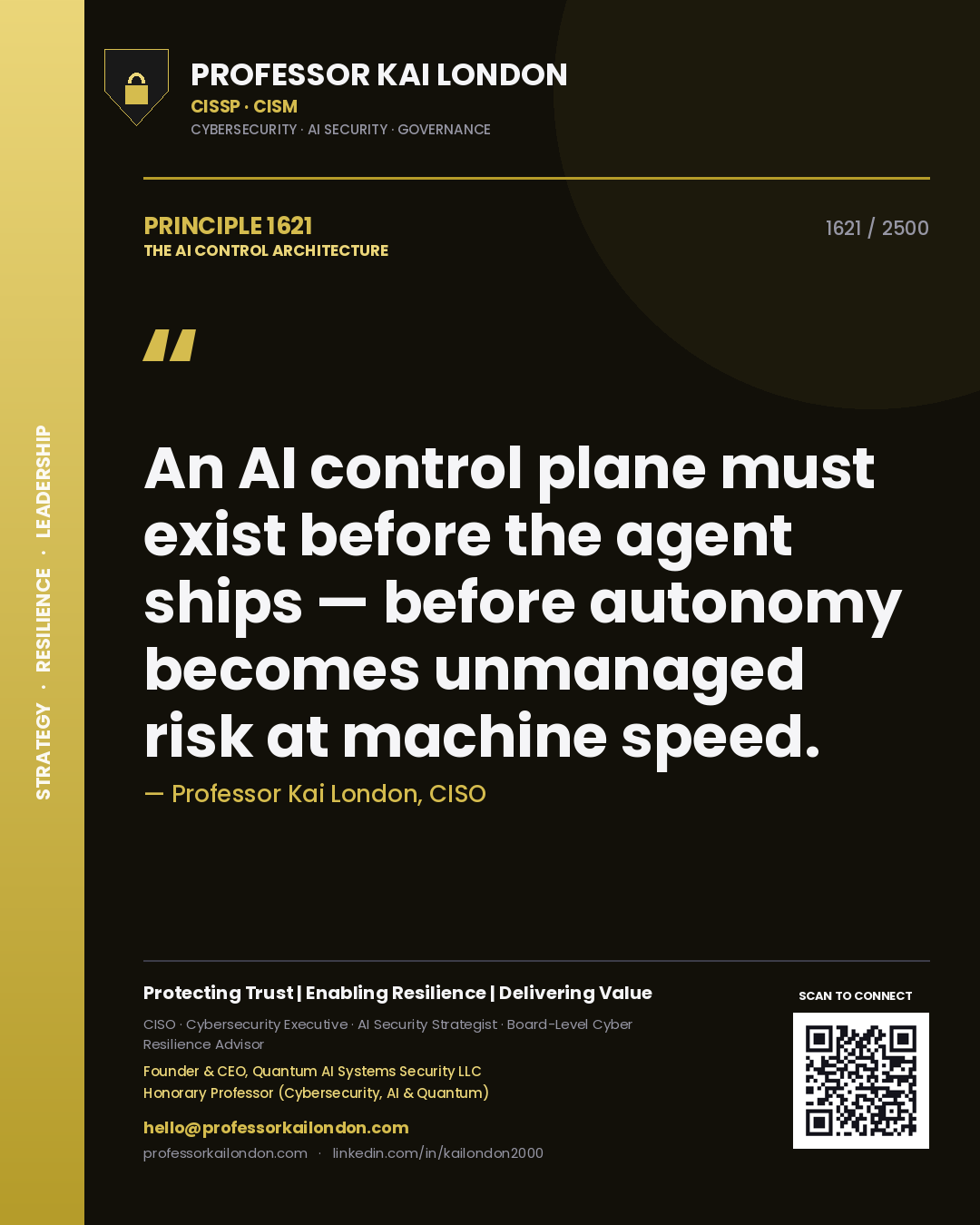 Quote card by Professor Kai London reading 'An AI control plane must exist before the agent ships — before autonomy becomes unmanaged risk at machine speed.'. From the book The AI Control Architecture.