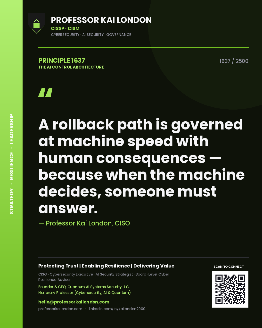 Professor Kai London principle 1637: A rollback path is governed at machine speed with human consequences — because when the machine decides, someone must answer.