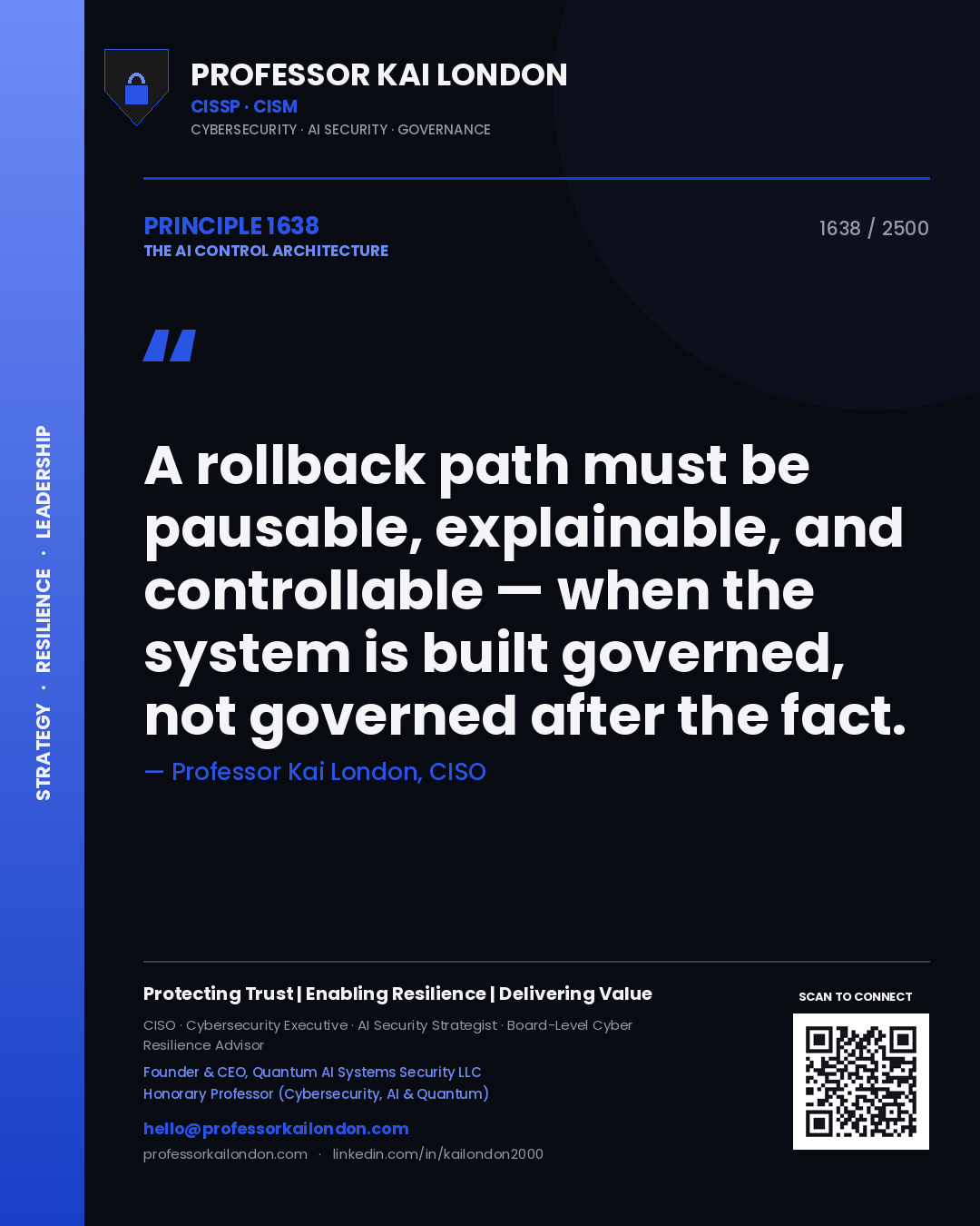 Quote card by Professor Kai London reading 'A rollback path must be pausable, explainable, and controllable — when the system is built governed, not governed after the fact.'. From the book The AI Control Architecture.