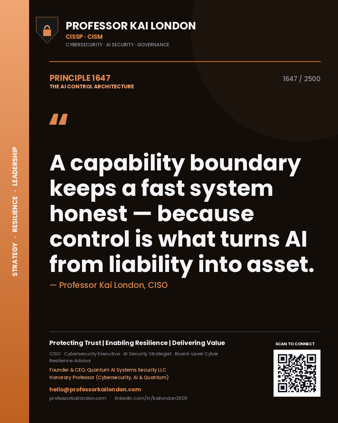 Quote card by Professor Kai London reading 'A capability boundary keeps a fast system honest — because control is what turns AI from liability into asset.'. From the book The AI Control Architecture.