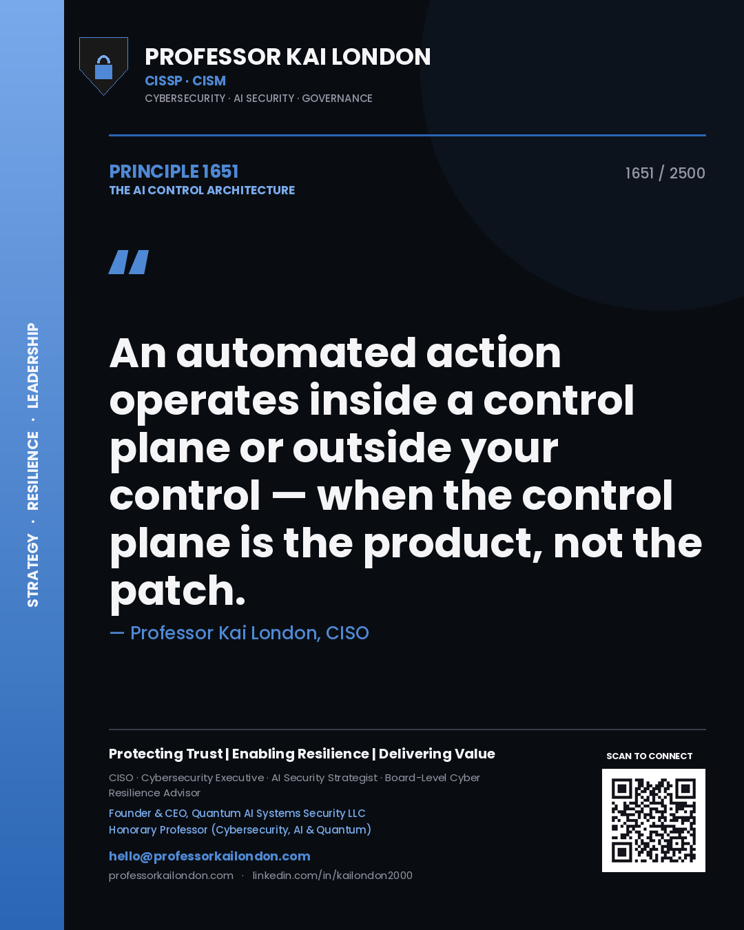 Quote card by Professor Kai London reading 'An automated action operates inside a control plane or outside your control — when the control plane is the product, not the patch.'. From the book The AI Control Architecture.