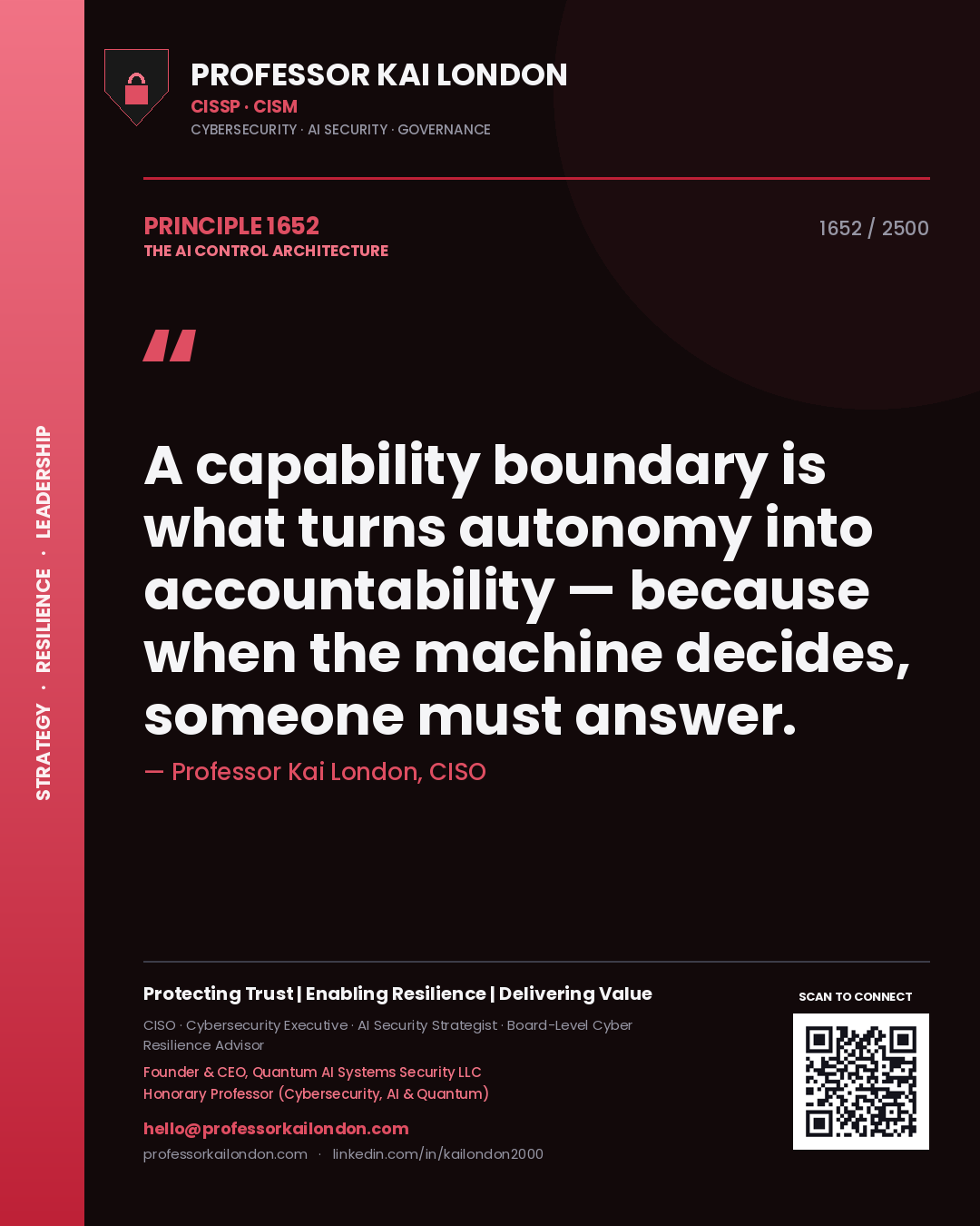 Professor Kai London principle 1652: A capability boundary is what turns autonomy into accountability — because when the machine decides, someone must answer.