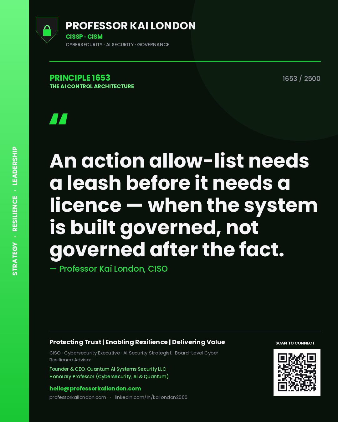 Professor Kai London principle 1653: An action allow-list needs a leash before it needs a licence — when the system is built governed, not governed after the fact.