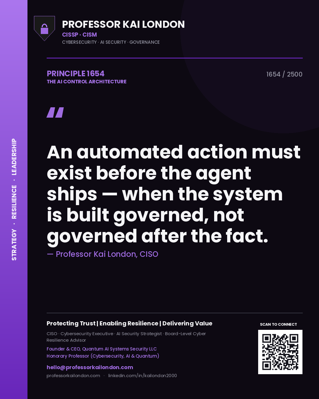Professor Kai London principle 1654: An automated action must exist before the agent ships — when the system is built governed, not governed after the fact.