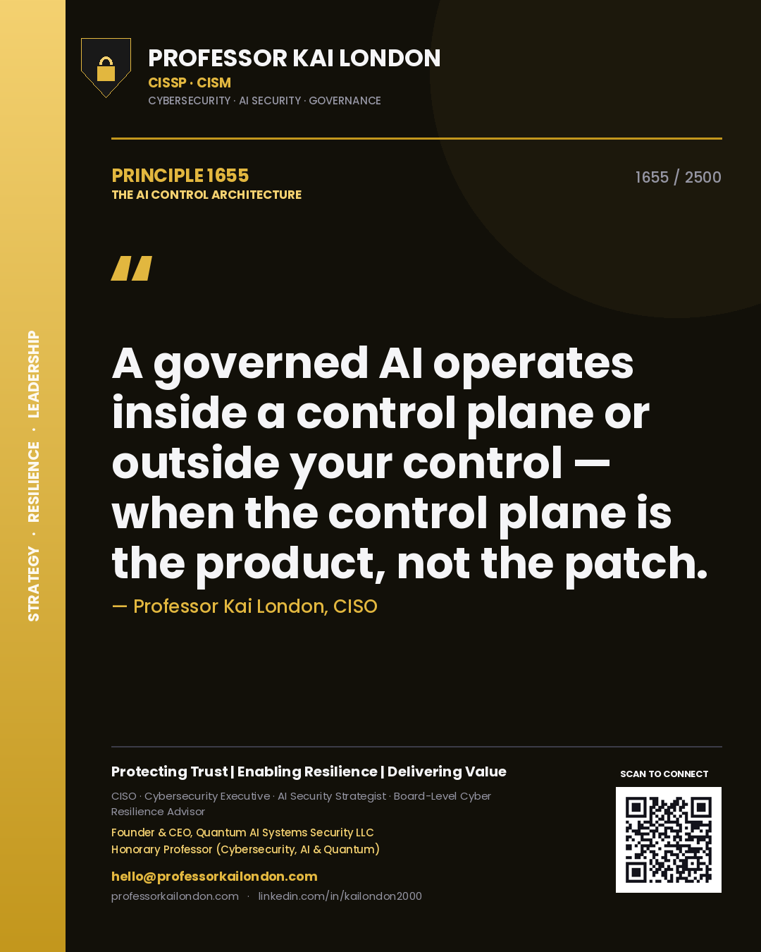Professor Kai London principle 1655: A governed AI operates inside a control plane or outside your control — when the control plane is the product, not the patch.