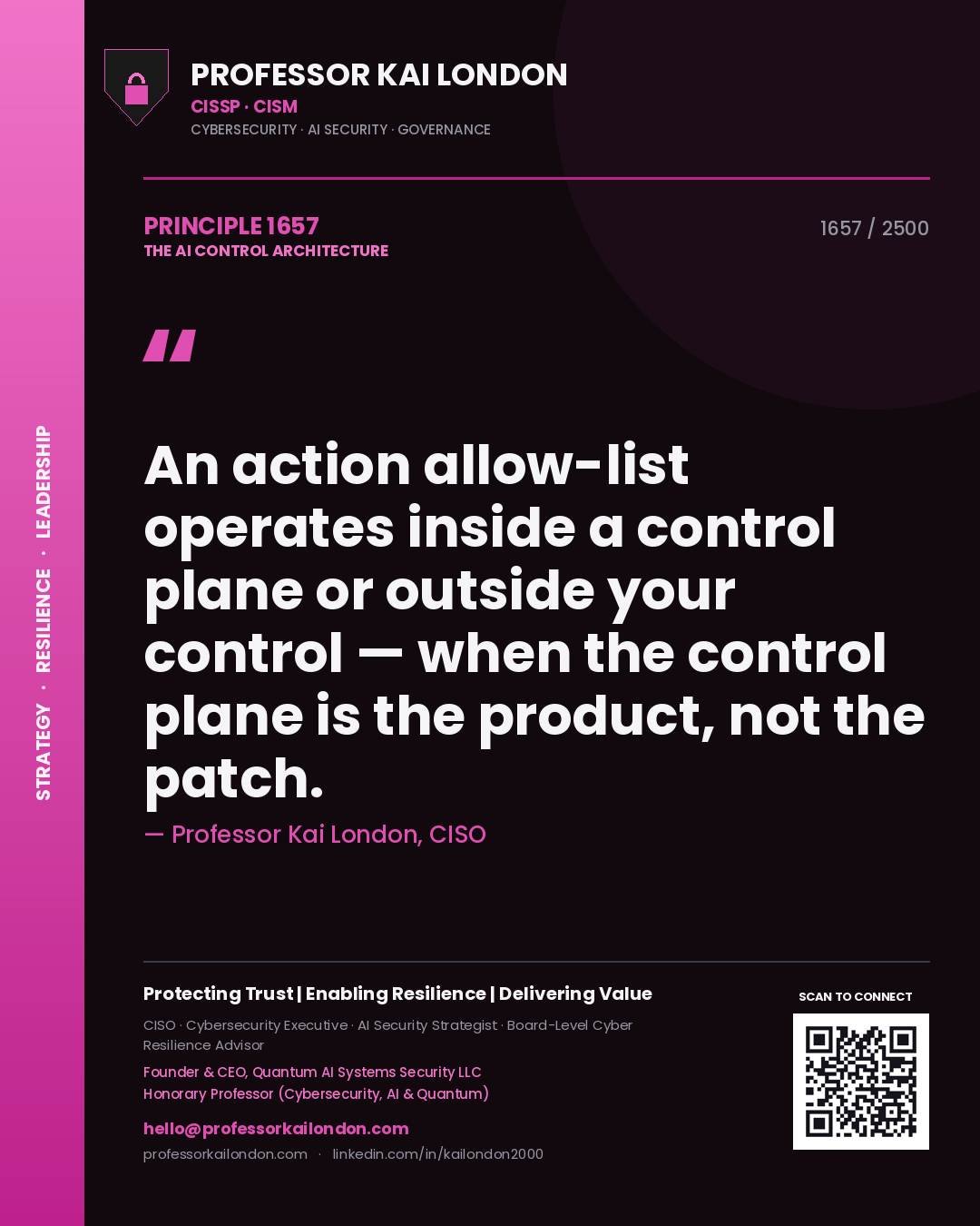 Quote card by Professor Kai London reading 'An action allow-list operates inside a control plane or outside your control — when the control plane is the product, not the patch.'. From the book The AI Control Architecture.