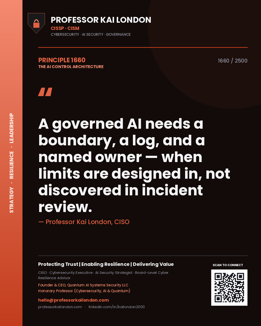 Quote card by Professor Kai London reading 'A governed AI needs a boundary, a log, and a named owner — when limits are designed in, not discovered in incident review.'. From the book The AI Control Architecture.