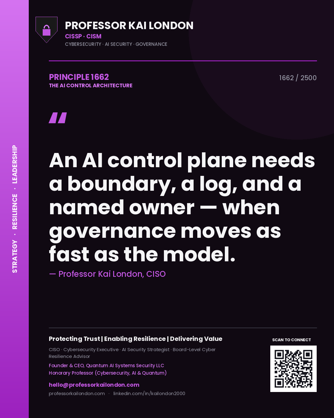 Professor Kai London principle 1662: An AI control plane needs a boundary, a log, and a named owner — when governance moves as fast as the model.