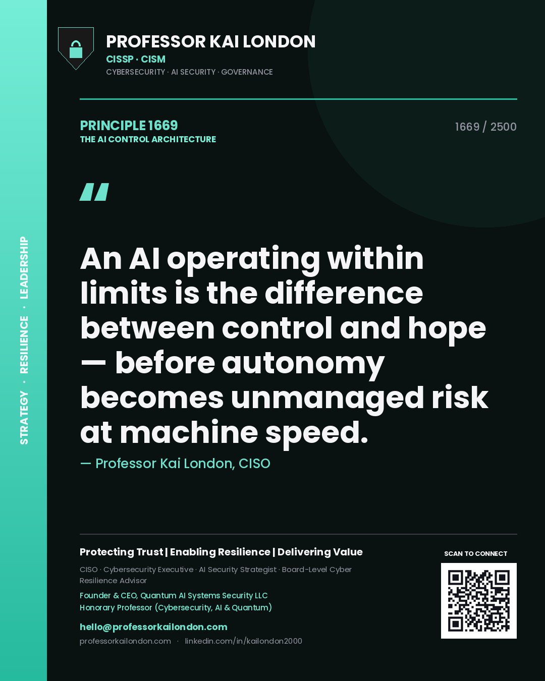 Professor Kai London principle 1669: An AI operating within limits is the difference between control and hope — before autonomy becomes unmanaged risk at machine speed.