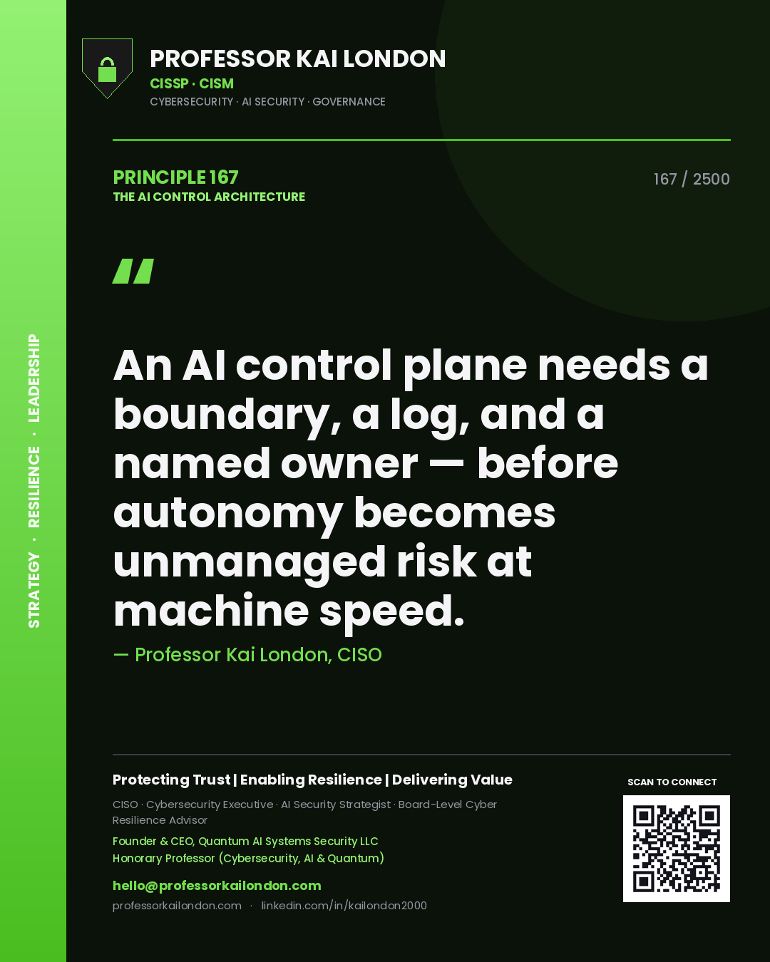 Professor Kai London principle 167: An AI control plane needs a boundary, a log, and a named owner — before autonomy becomes unmanaged risk at machine speed.