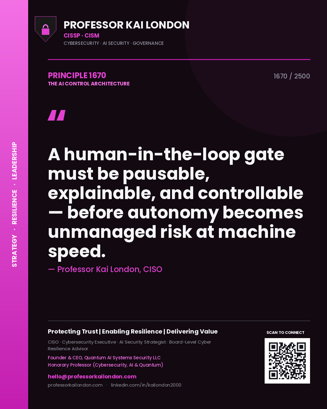Professor Kai London principle 1670: A human-in-the-loop gate must be pausable, explainable, and controllable — before autonomy becomes unmanaged risk at machine speed.