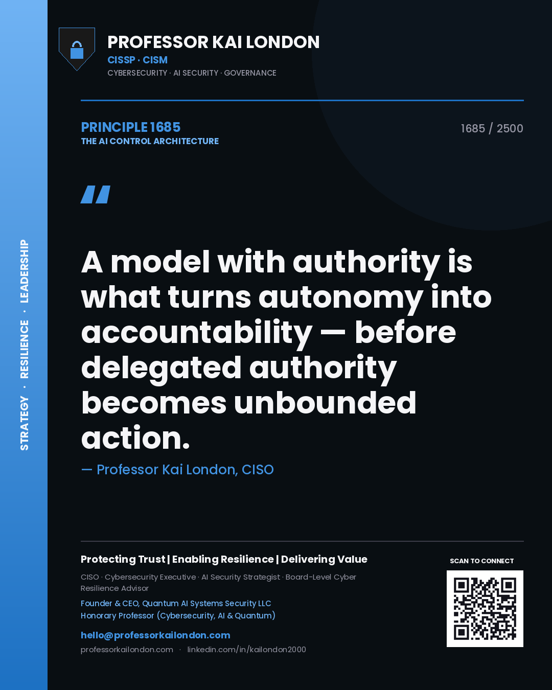 Professor Kai London principle 1685: A model with authority is what turns autonomy into accountability — before delegated authority becomes unbounded action.