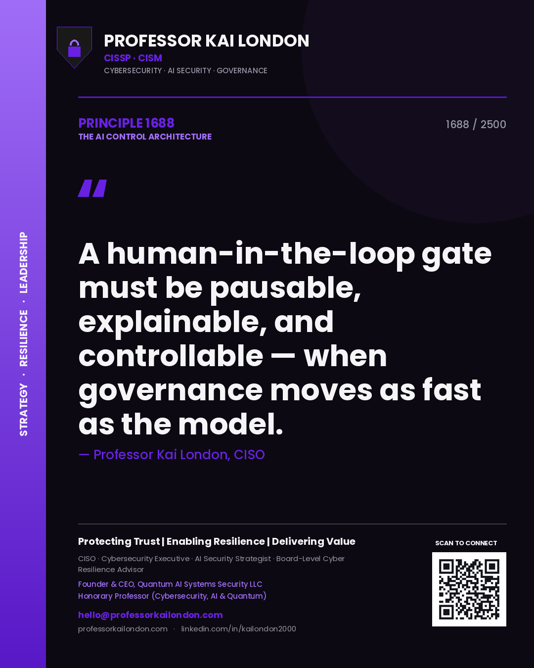 Quote card by Professor Kai London reading 'A human-in-the-loop gate must be pausable, explainable, and controllable — when governance moves as fast as the model.'. From the book The AI Control Architecture.