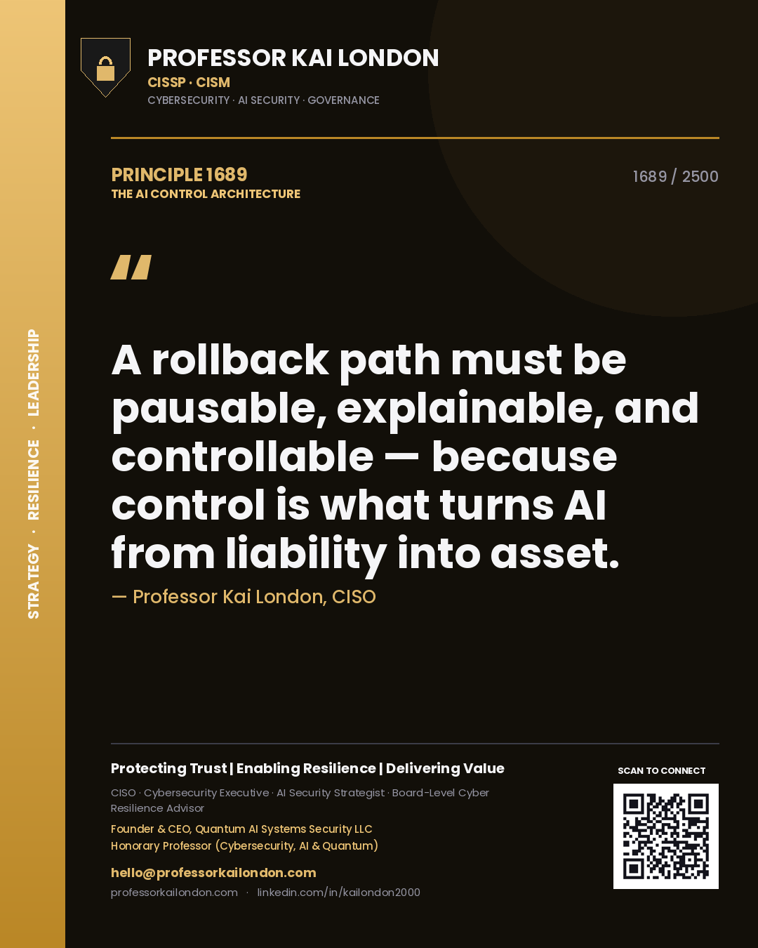 Professor Kai London principle 1689: A rollback path must be pausable, explainable, and controllable — because control is what turns AI from liability into asset.