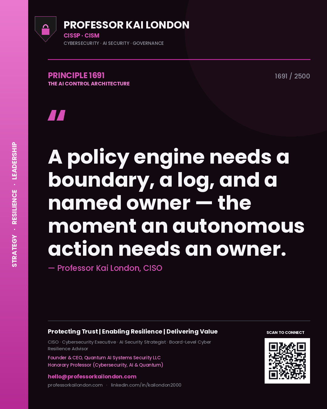 Professor Kai London principle 1691: A policy engine needs a boundary, a log, and a named owner — the moment an autonomous action needs an owner.