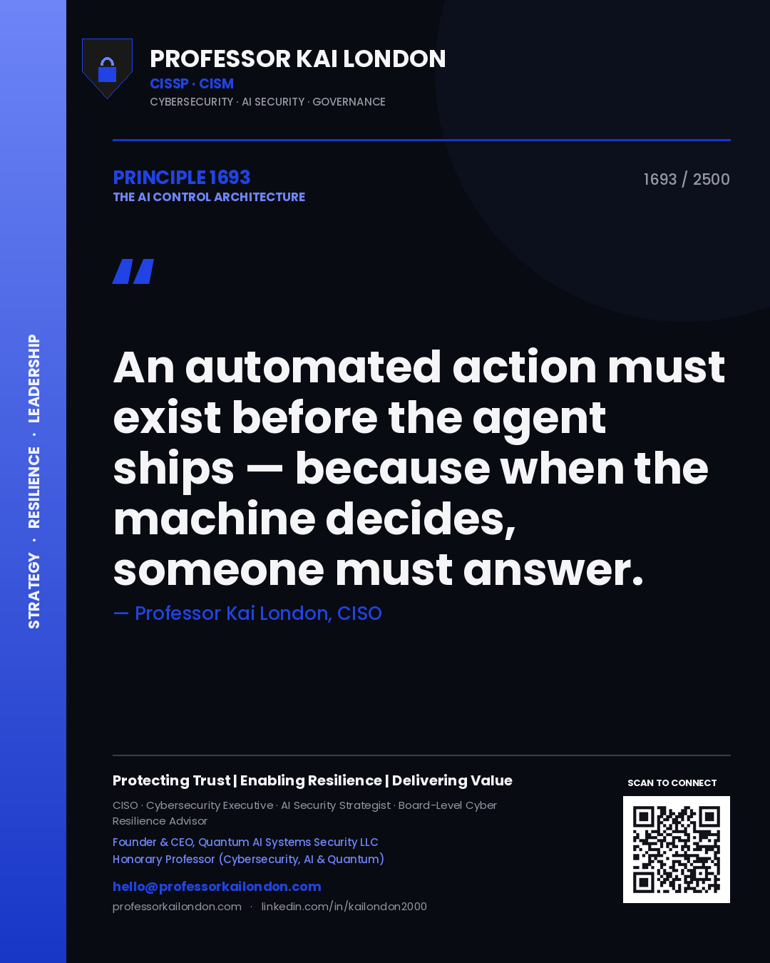 Quote card by Professor Kai London reading 'An automated action must exist before the agent ships — because when the machine decides, someone must answer.'. From the book The AI Control Architecture.