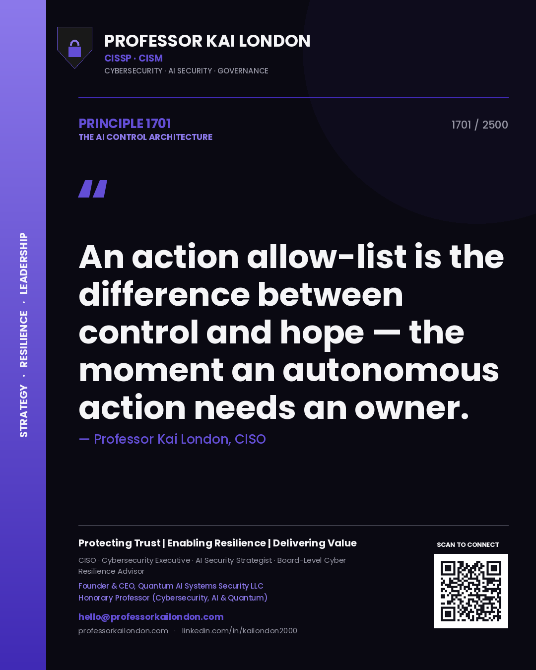 Professor Kai London principle 1701: An action allow-list is the difference between control and hope — the moment an autonomous action needs an owner.