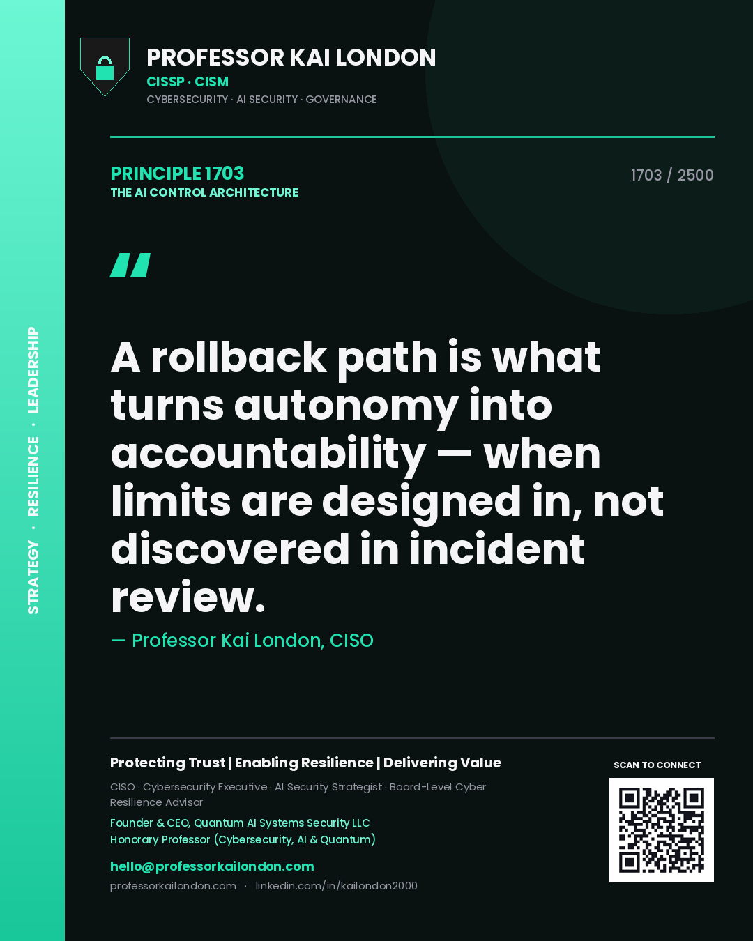 Quote card by Professor Kai London reading 'A rollback path is what turns autonomy into accountability — when limits are designed in, not discovered in incident review.'. From the book The AI Control Architecture.
