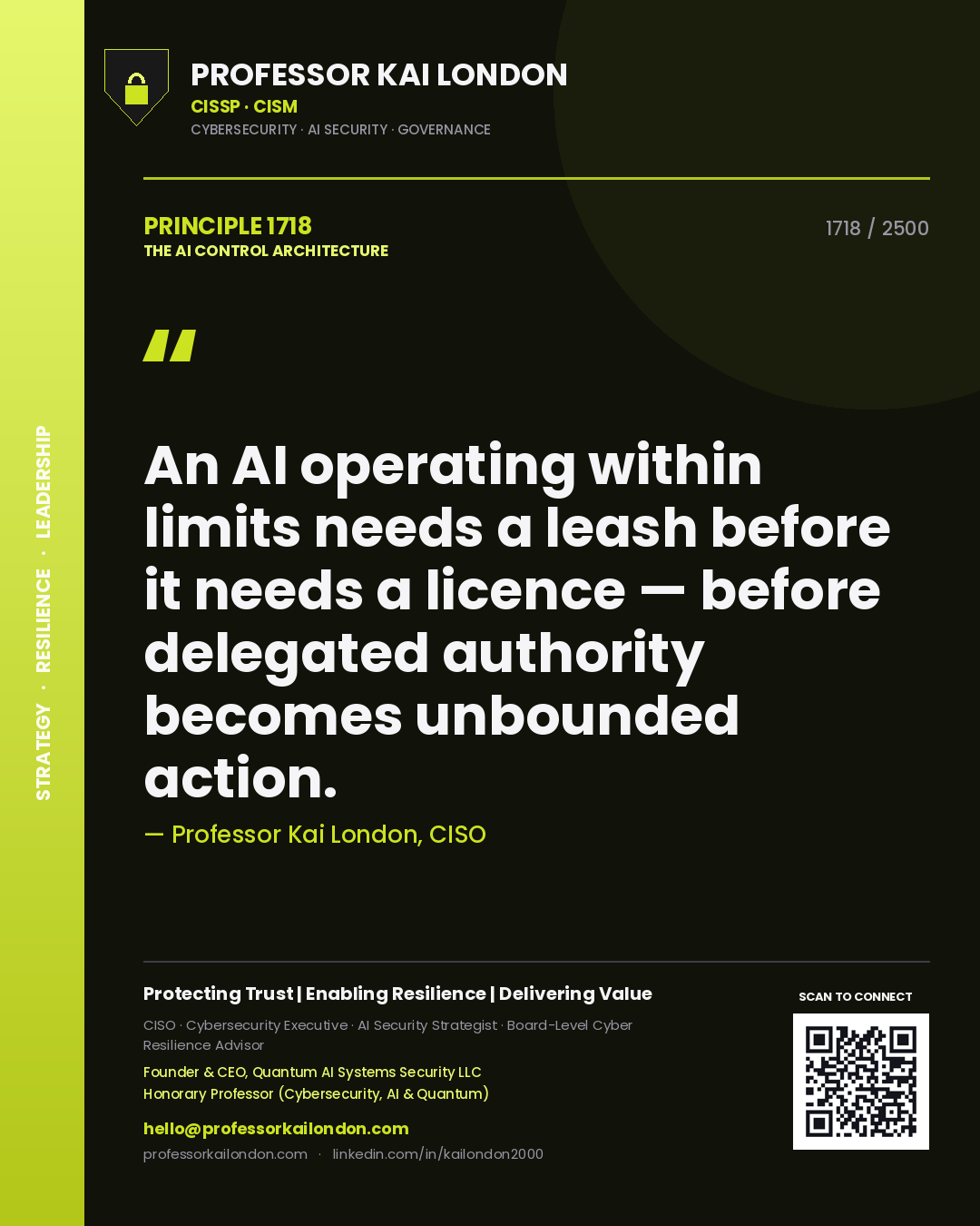 Quote card by Professor Kai London reading 'An AI operating within limits needs a leash before it needs a licence — before delegated authority becomes unbounded action.'. From the book The AI Control Architecture.