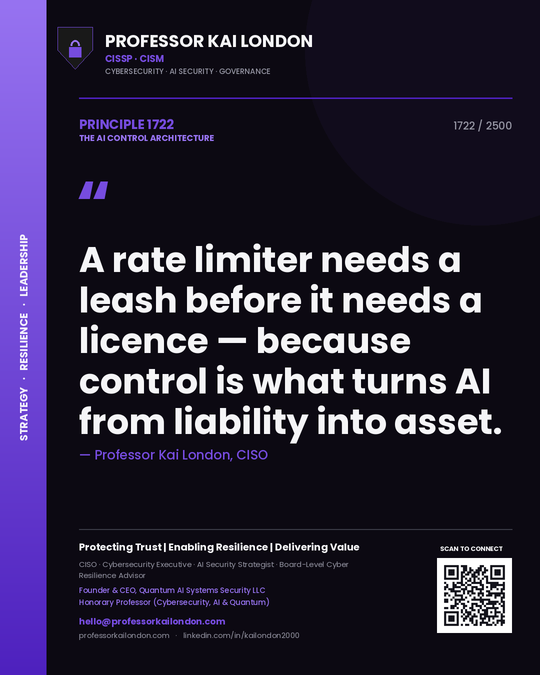 Professor Kai London principle 1722: A rate limiter needs a leash before it needs a licence — because control is what turns AI from liability into asset.