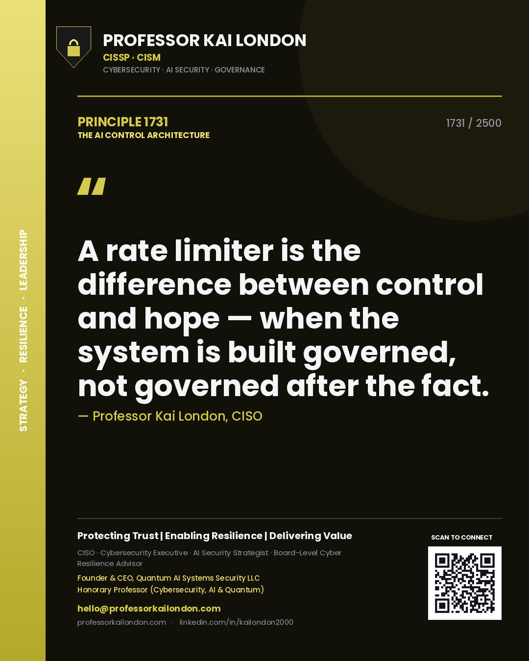 Professor Kai London principle 1731: A rate limiter is the difference between control and hope — when the system is built governed, not governed after the fact.