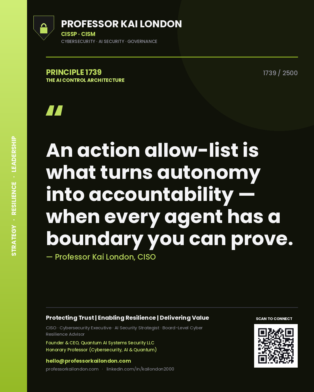 Quote card by Professor Kai London reading 'An action allow-list is what turns autonomy into accountability — when every agent has a boundary you can prove.'. From the book The AI Control Architecture.