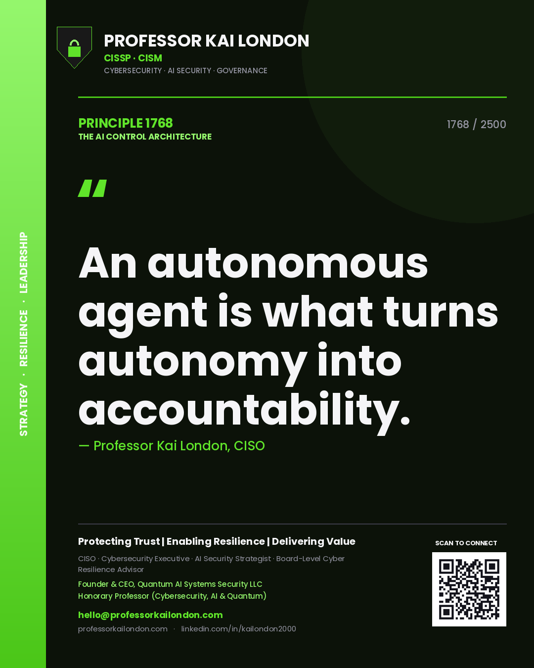 Quote card by Professor Kai London reading 'An autonomous agent is what turns autonomy into accountability.'. From the book The AI Control Architecture.