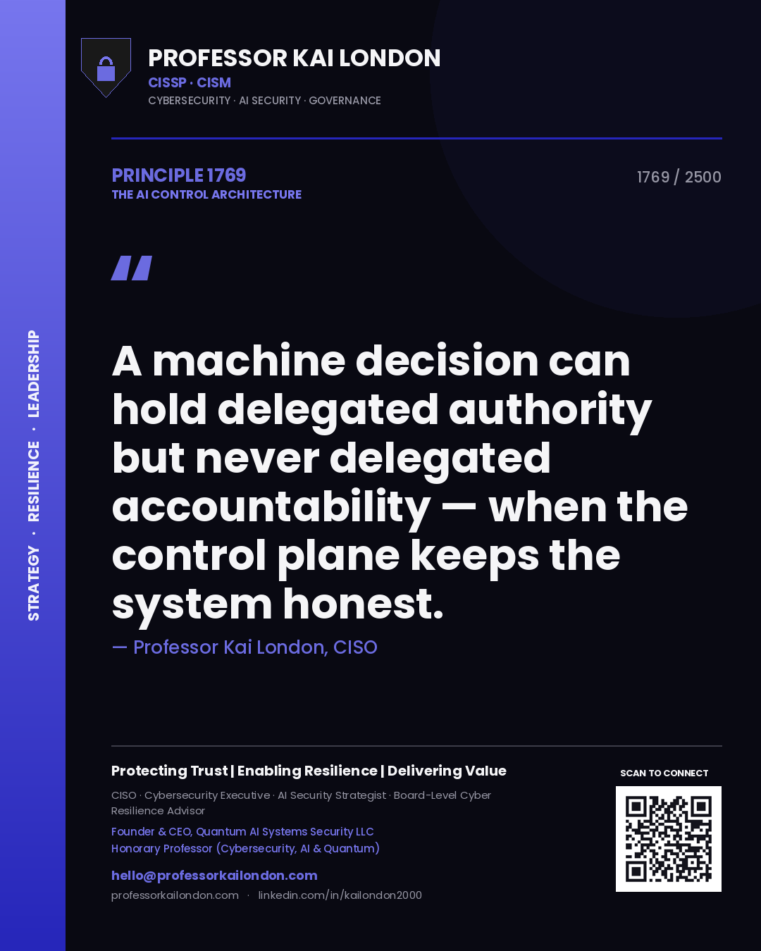 Professor Kai London principle 1769: A machine decision can hold delegated authority but never delegated accountability — when the control plane keeps the system honest.