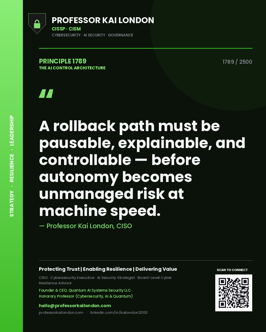 Professor Kai London principle 1789: A rollback path must be pausable, explainable, and controllable — before autonomy becomes unmanaged risk at machine speed.