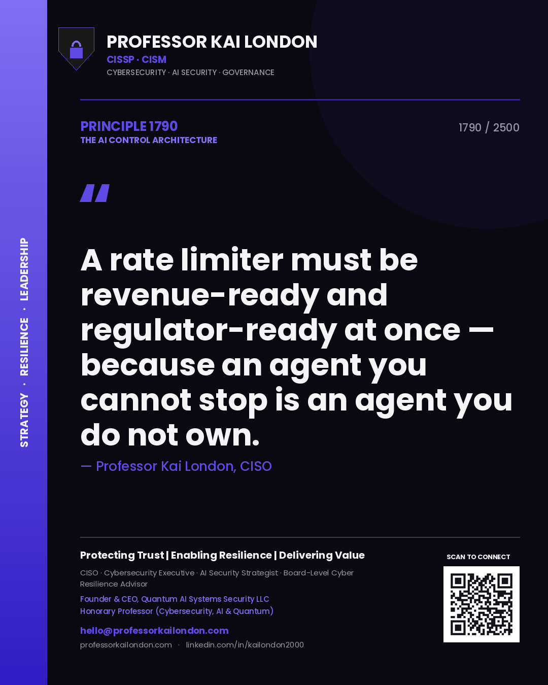 Professor Kai London principle 1790: A rate limiter must be revenue-ready and regulator-ready at once — because an agent you cannot stop is an agent you do not own.