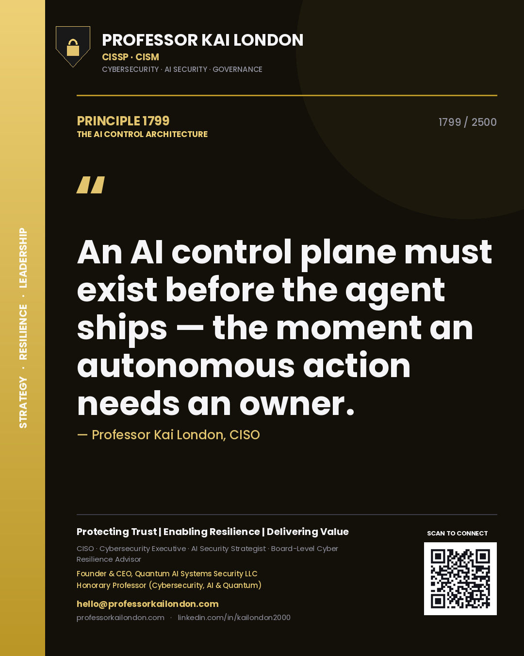 Quote card by Professor Kai London reading 'An AI control plane must exist before the agent ships — the moment an autonomous action needs an owner.'. From the book The AI Control Architecture.