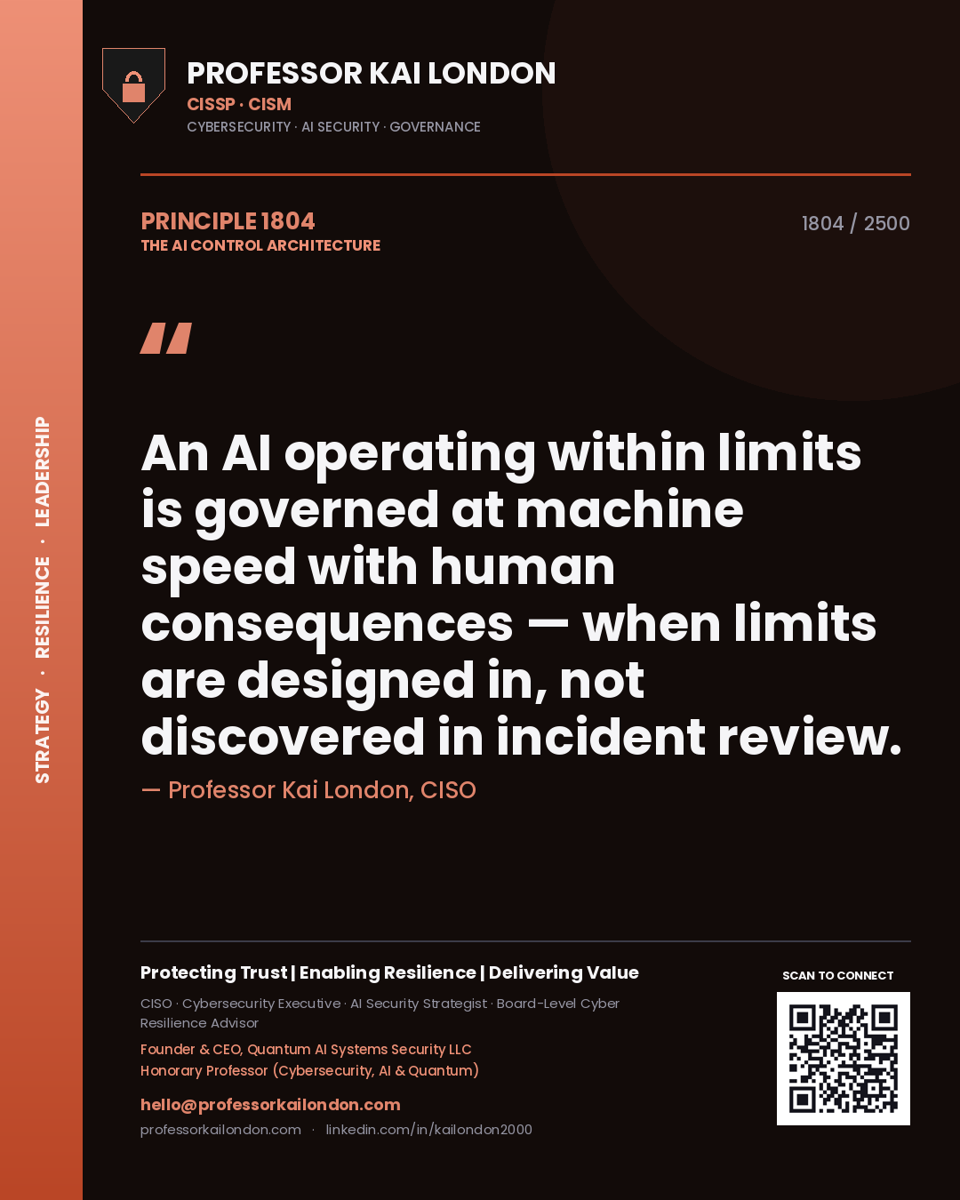 Quote card by Professor Kai London reading 'An AI operating within limits is governed at machine speed with human consequences — when limits are designed in, not discovered in incident review.'. From the book The AI Control Architecture.