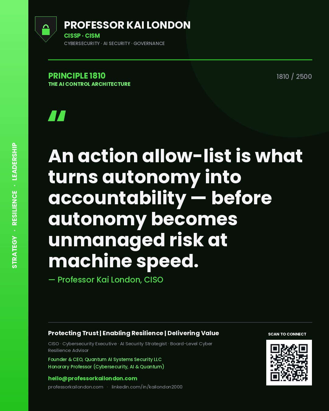 Quote card by Professor Kai London reading 'An action allow-list is what turns autonomy into accountability — before autonomy becomes unmanaged risk at machine speed.'. From the book The AI Control Architecture.