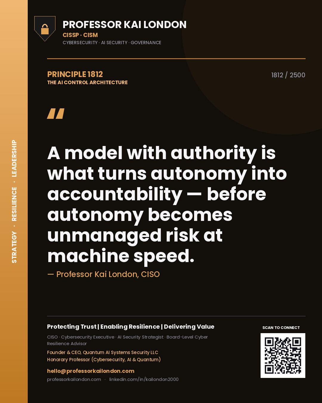 Quote card by Professor Kai London reading 'A model with authority is what turns autonomy into accountability — before autonomy becomes unmanaged risk at machine speed.'. From the book The AI Control Architecture.