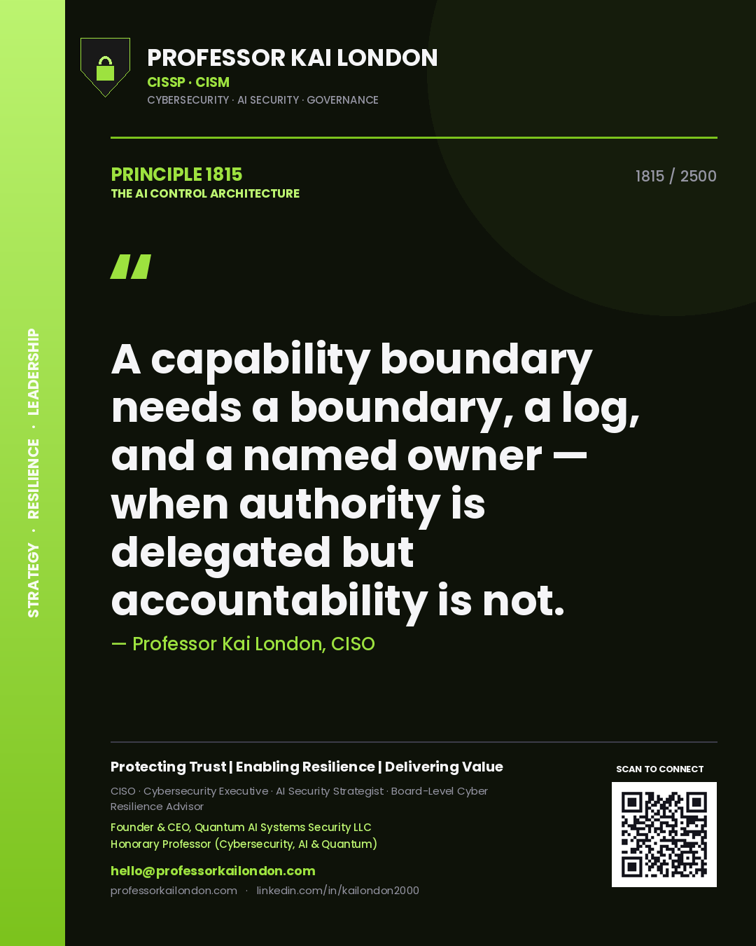 Professor Kai London principle 1815: A capability boundary needs a boundary, a log, and a named owner — when authority is delegated but accountability is not.