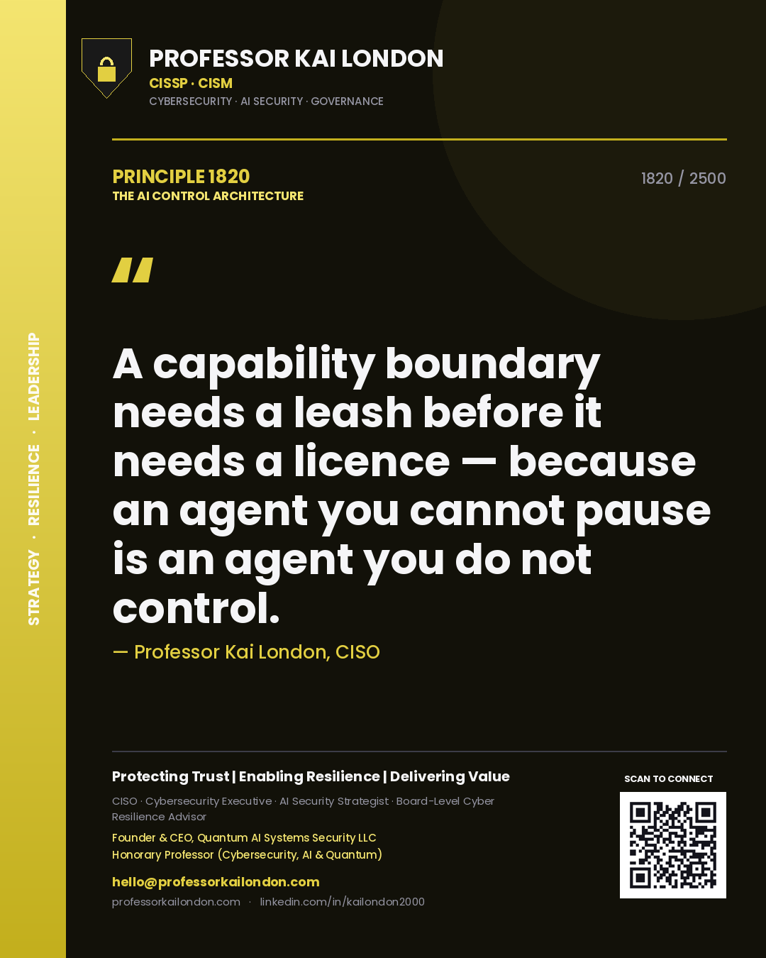 Professor Kai London principle 1820: A capability boundary needs a leash before it needs a licence — because an agent you cannot pause is an agent you do not control.