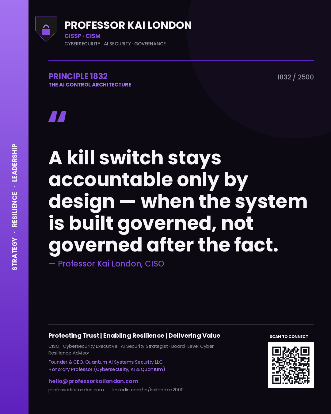 Professor Kai London principle 1832: A kill switch stays accountable only by design — when the system is built governed, not governed after the fact.