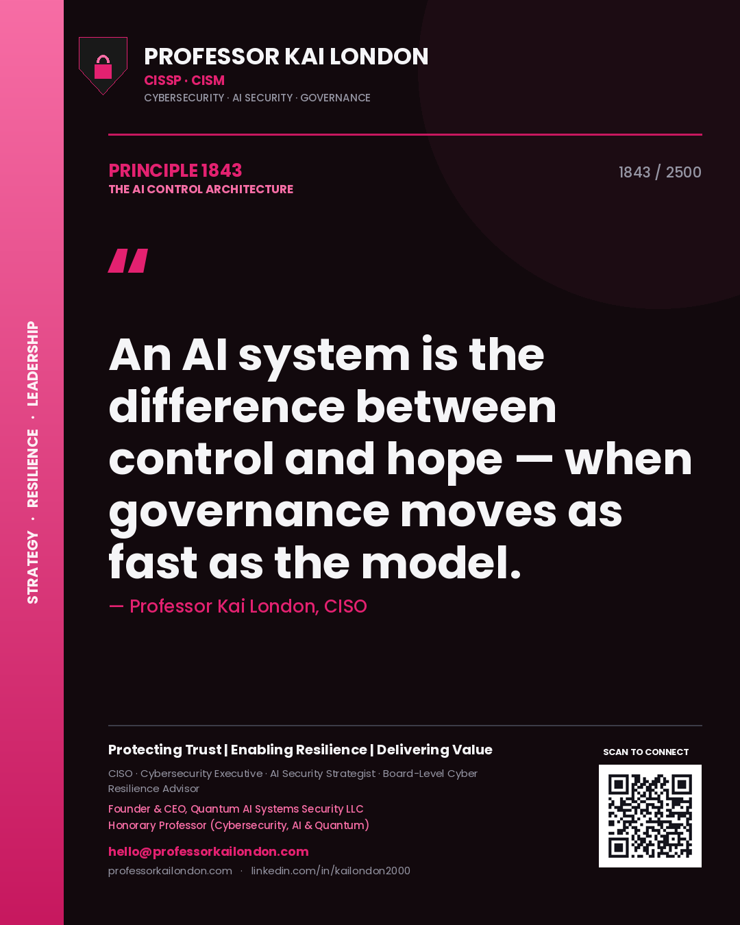 Professor Kai London principle 1843: An AI system is the difference between control and hope — when governance moves as fast as the model.