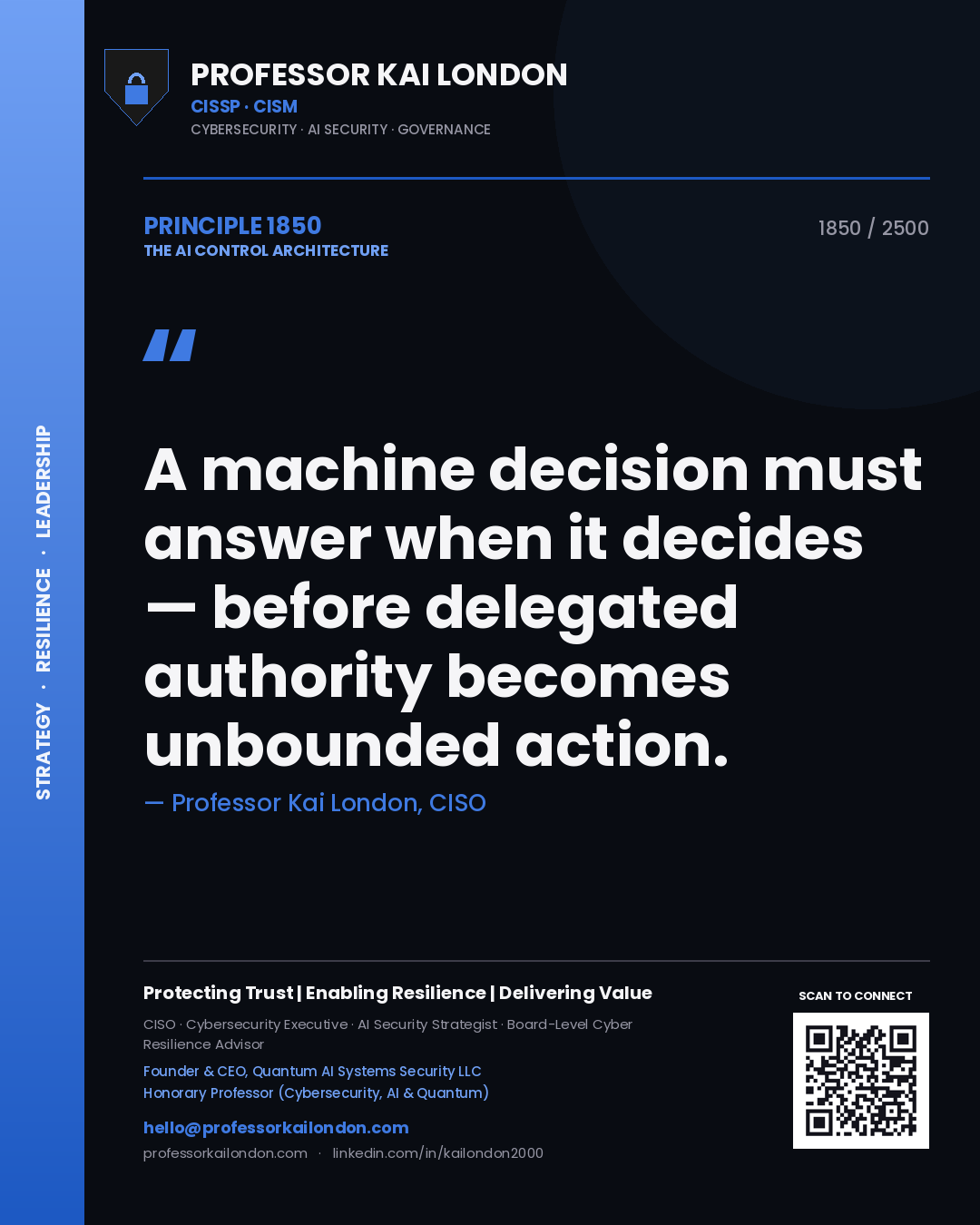 Professor Kai London principle 1850: A machine decision must answer when it decides — before delegated authority becomes unbounded action.