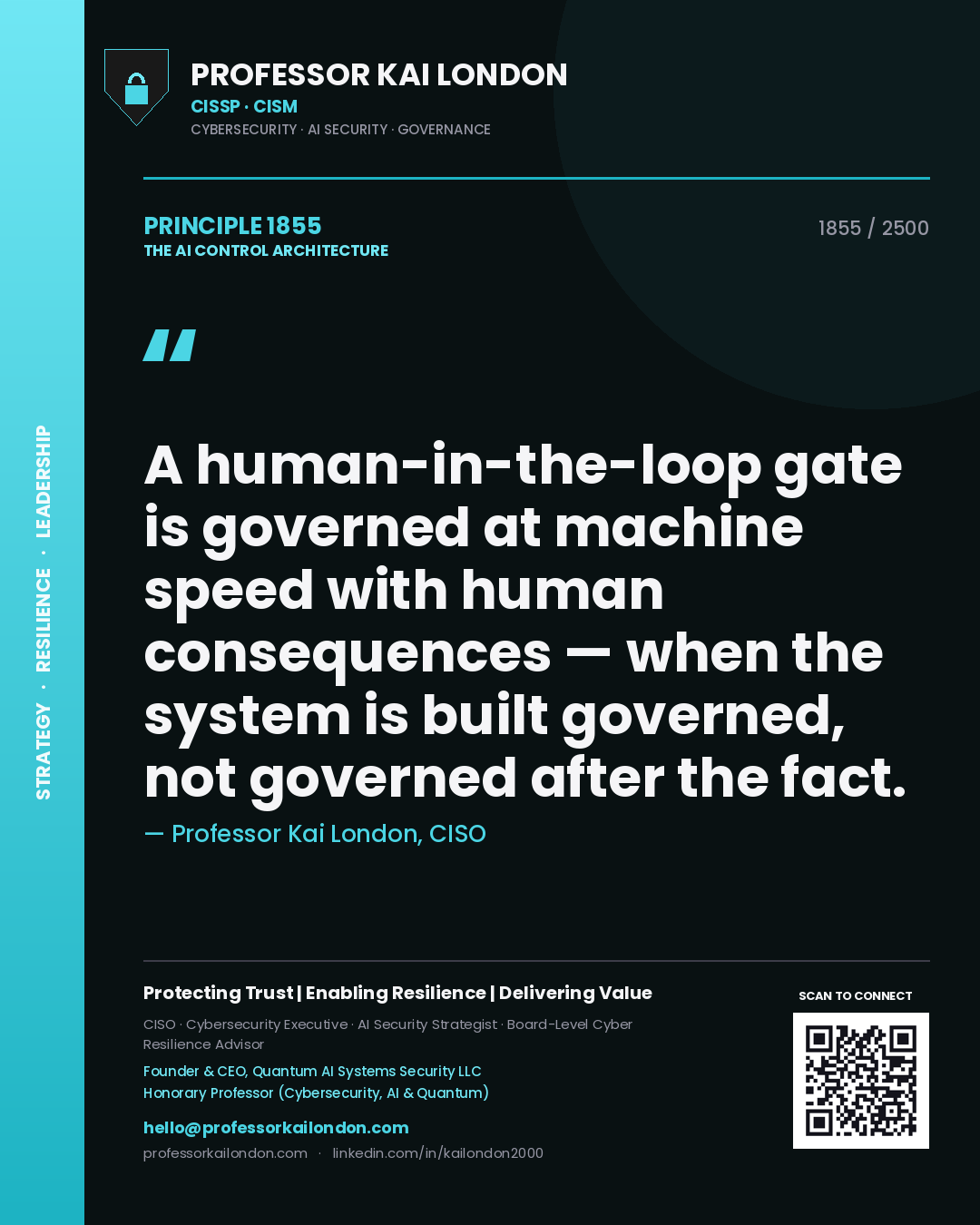 Professor Kai London principle 1855: A human-in-the-loop gate is governed at machine speed with human consequences — when the system is built governed, not governed after the fact.