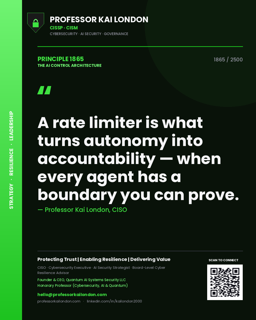 Professor Kai London principle 1865: A rate limiter is what turns autonomy into accountability — when every agent has a boundary you can prove.