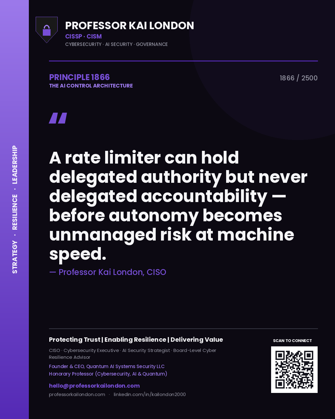 Quote card by Professor Kai London reading 'A rate limiter can hold delegated authority but never delegated accountability — before autonomy becomes unmanaged risk at machine speed.'. From the book The AI Control Architecture.